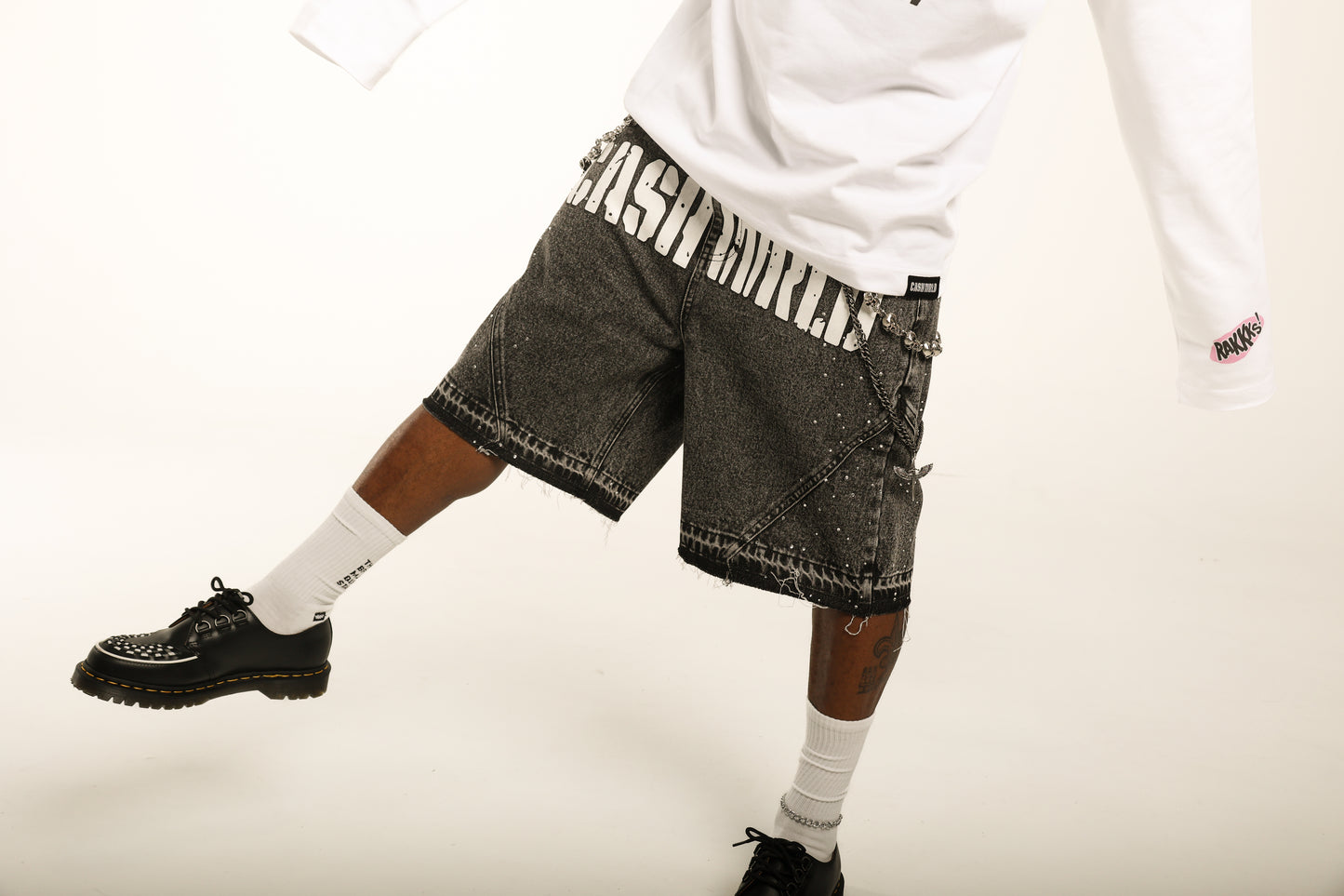 Black Denim Jorts with Rhinestones and Wallet Chain