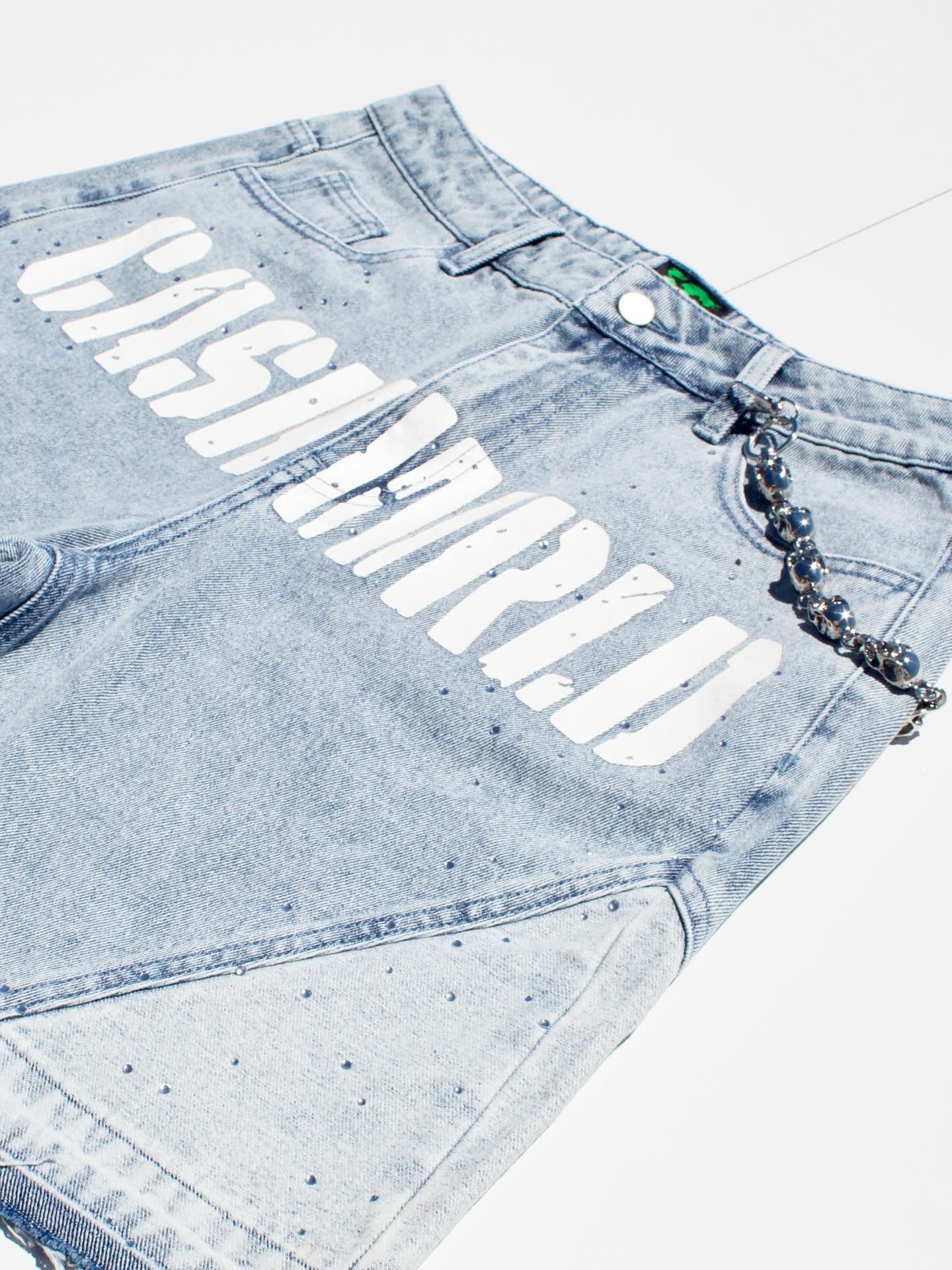 Blue Denim Rhinestone Jorts with Wallet Chain