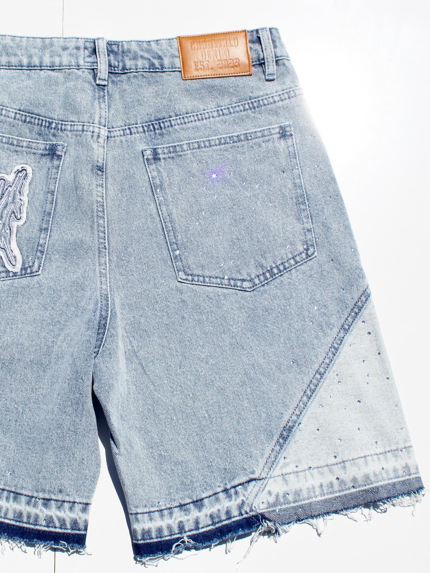 Blue Denim Rhinestone Jorts with Wallet Chain