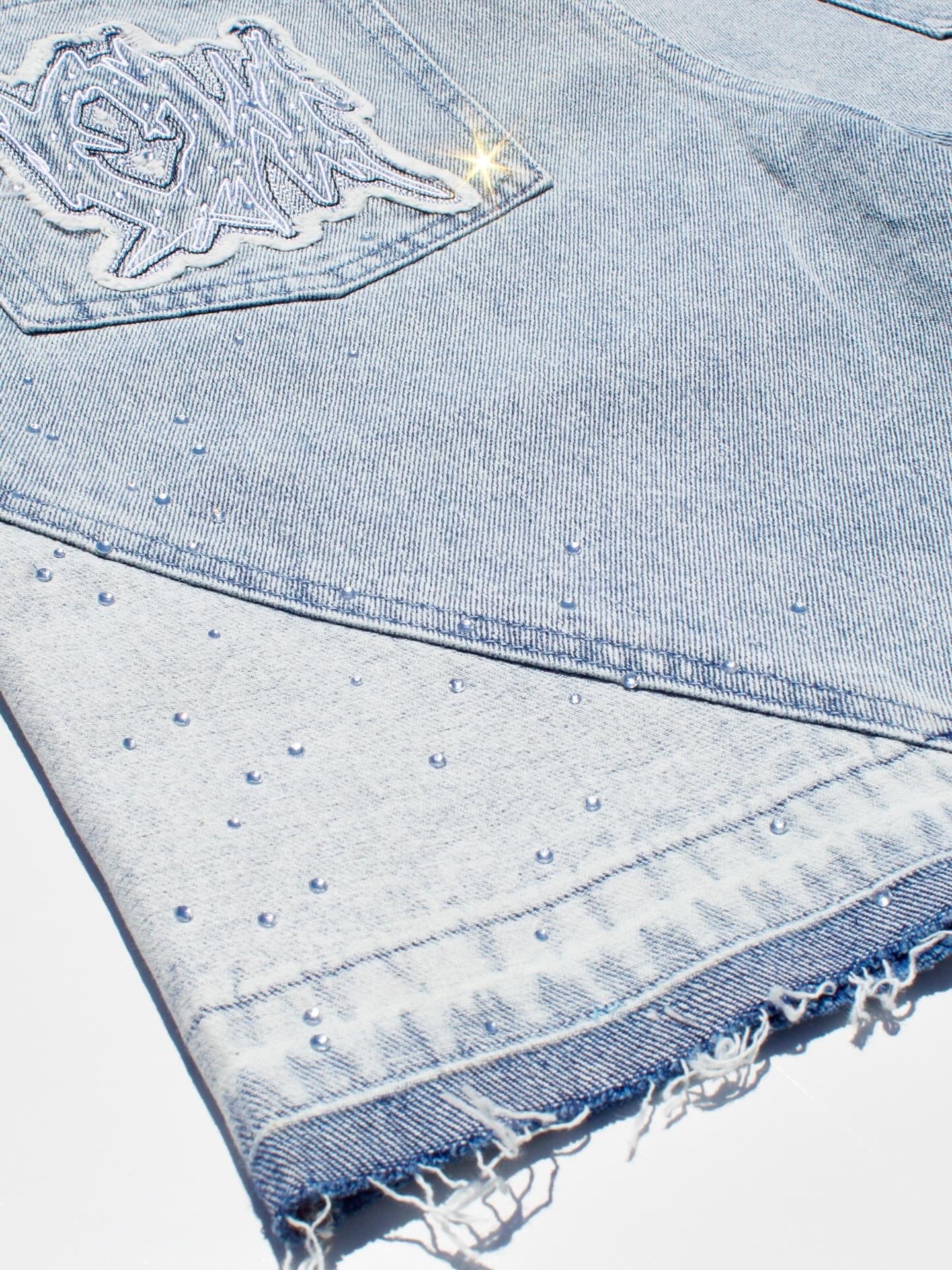 Blue Denim Rhinestone Jorts with Wallet Chain