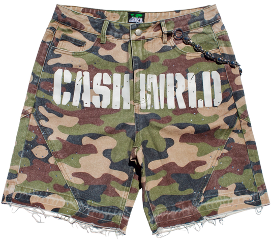 Camouflage shorts with 'CASH N'WRLD' text on a white background