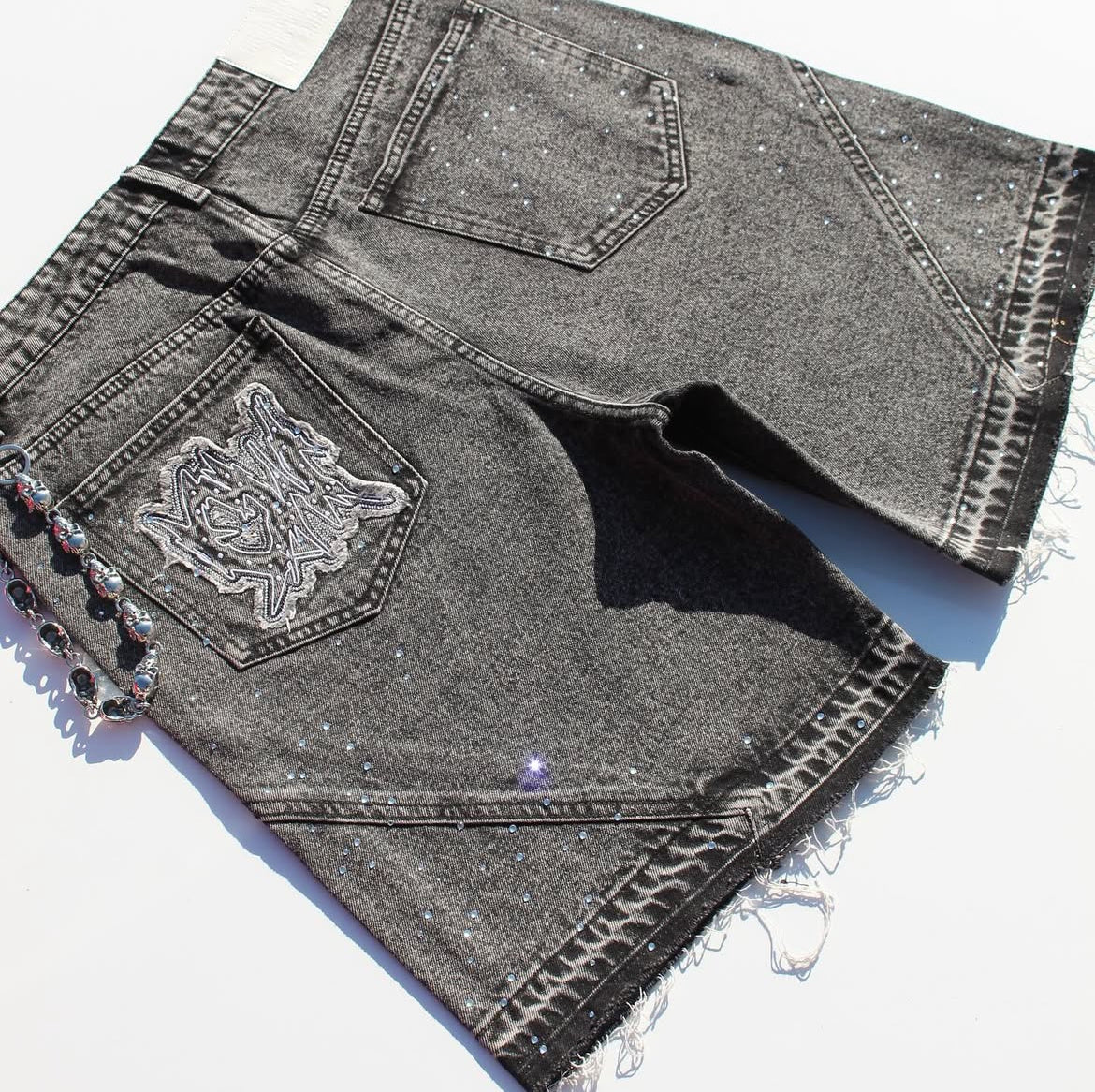 Black Denim Jorts with Rhinestones and Wallet Chain