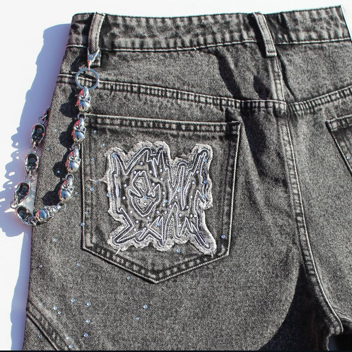 Black Denim Jorts with Rhinestones and Wallet Chain