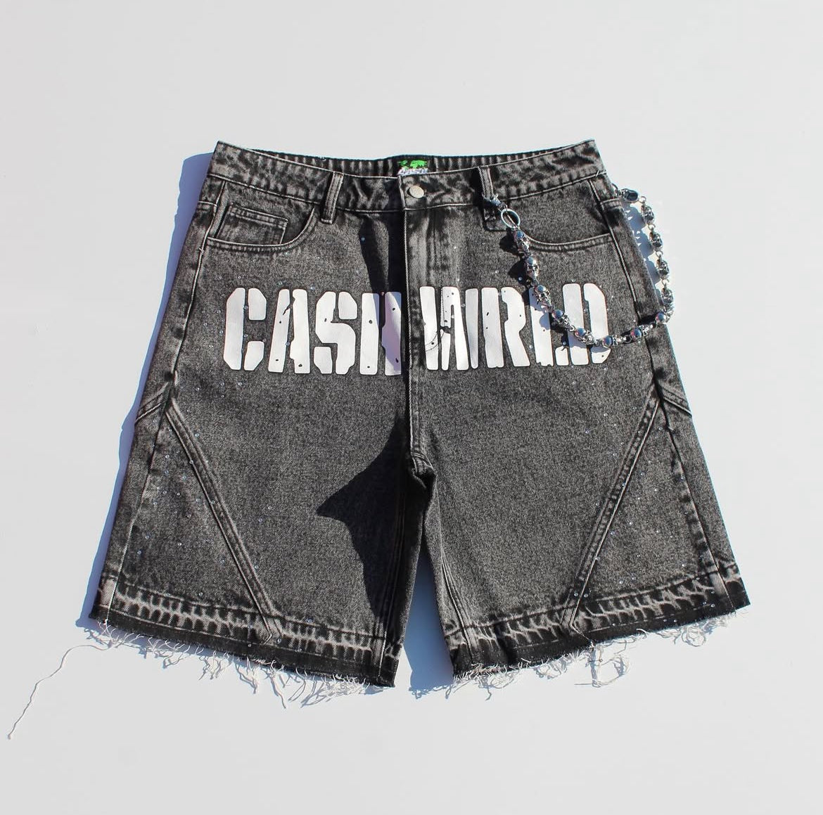 Black Denim Jorts with Rhinestones and Wallet Chain