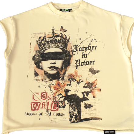 Beige sleeveless shirt with graphic design and text on a white background