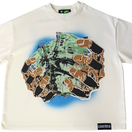 White t-shirt with a graphic design of a hand holding a heart on a white background